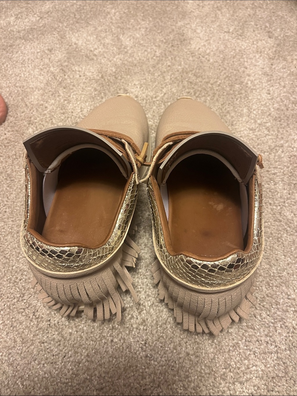 Esseutesse Beige Leather Fringe Sneakers with Gold Accent - Picture 2 of 6